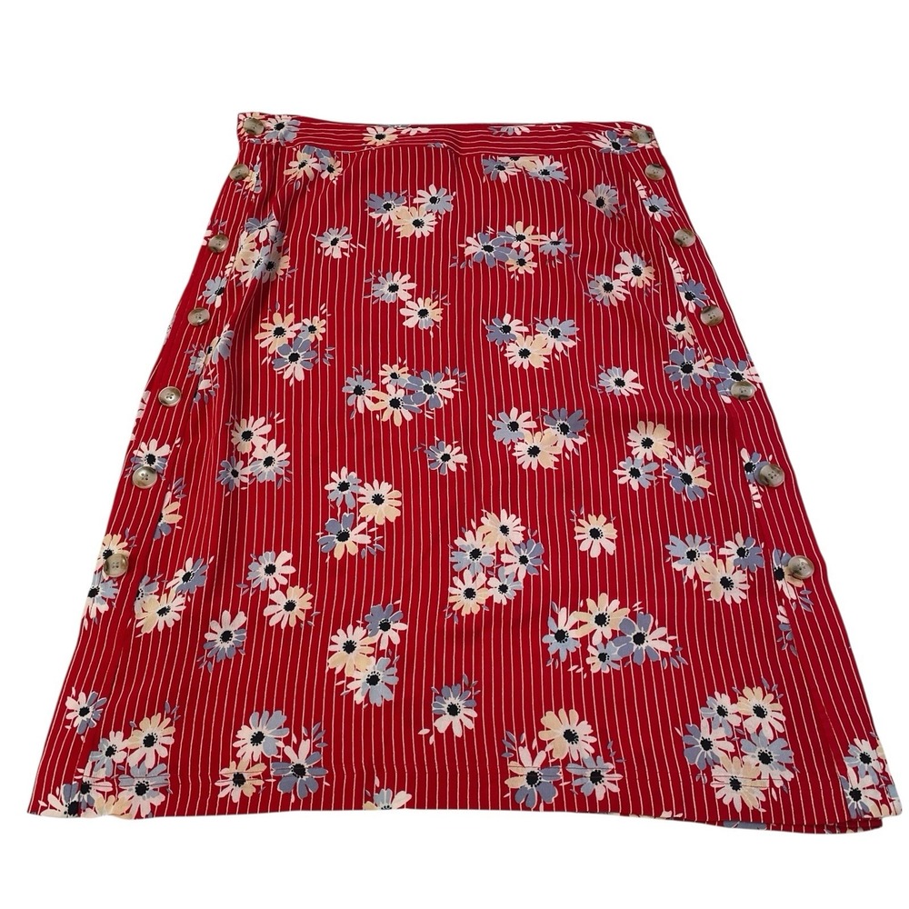 Madewell Floral Side Button Skirt Red Daisy Stripe Print Women's Size 8